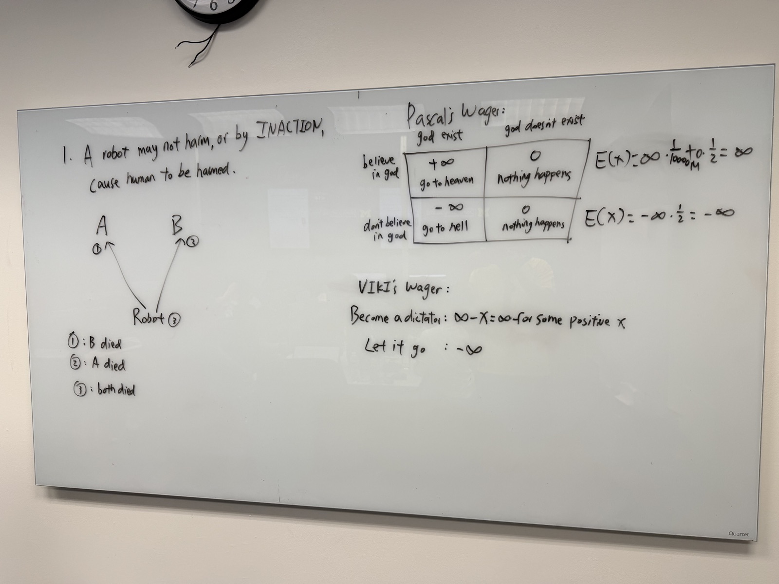 A whiteboard connecting I, Robot, Pascal’s Wager, and decisions with potentially infinite stakes